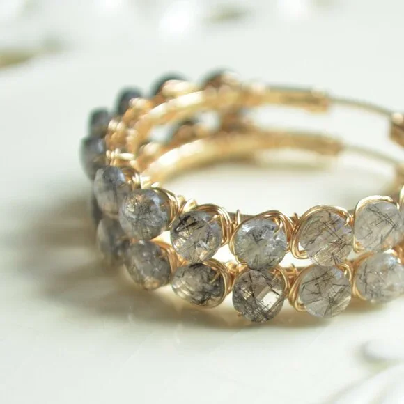 Black Rutilated Quartz Wire Wrapped Gold Hoops - Picture 3 of 11